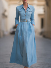 Classic Belted Denim Shirt Dress With Full Skirt - Midi Dress