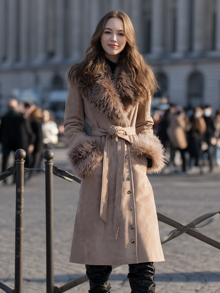 Taupe Belted with Faux-Fur Trim Collar & Cuffs - Coat