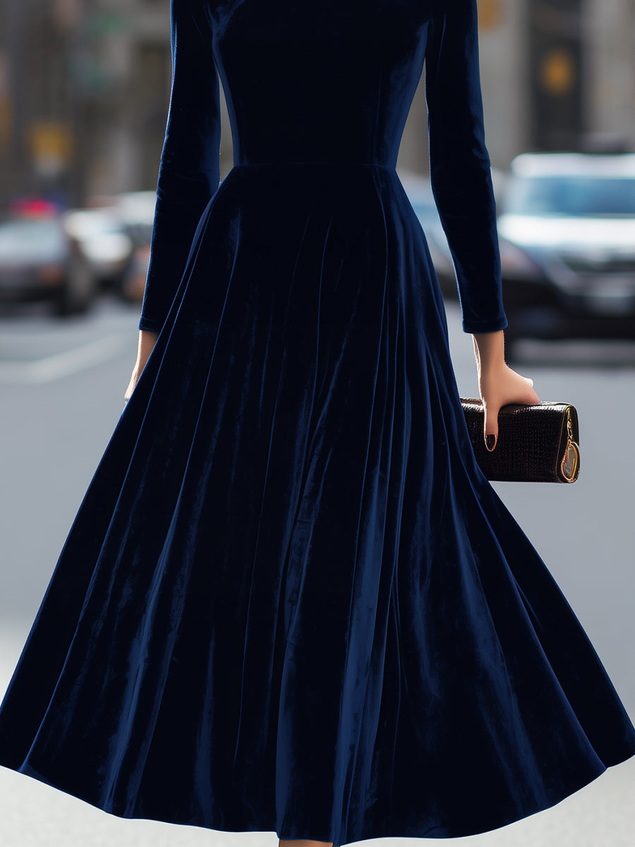 Navy Velvet Long-Sleeve Luxe - Midi Dress