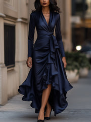 Midnight Blue Draped Satin Ruffle Trim - Maxi Dress