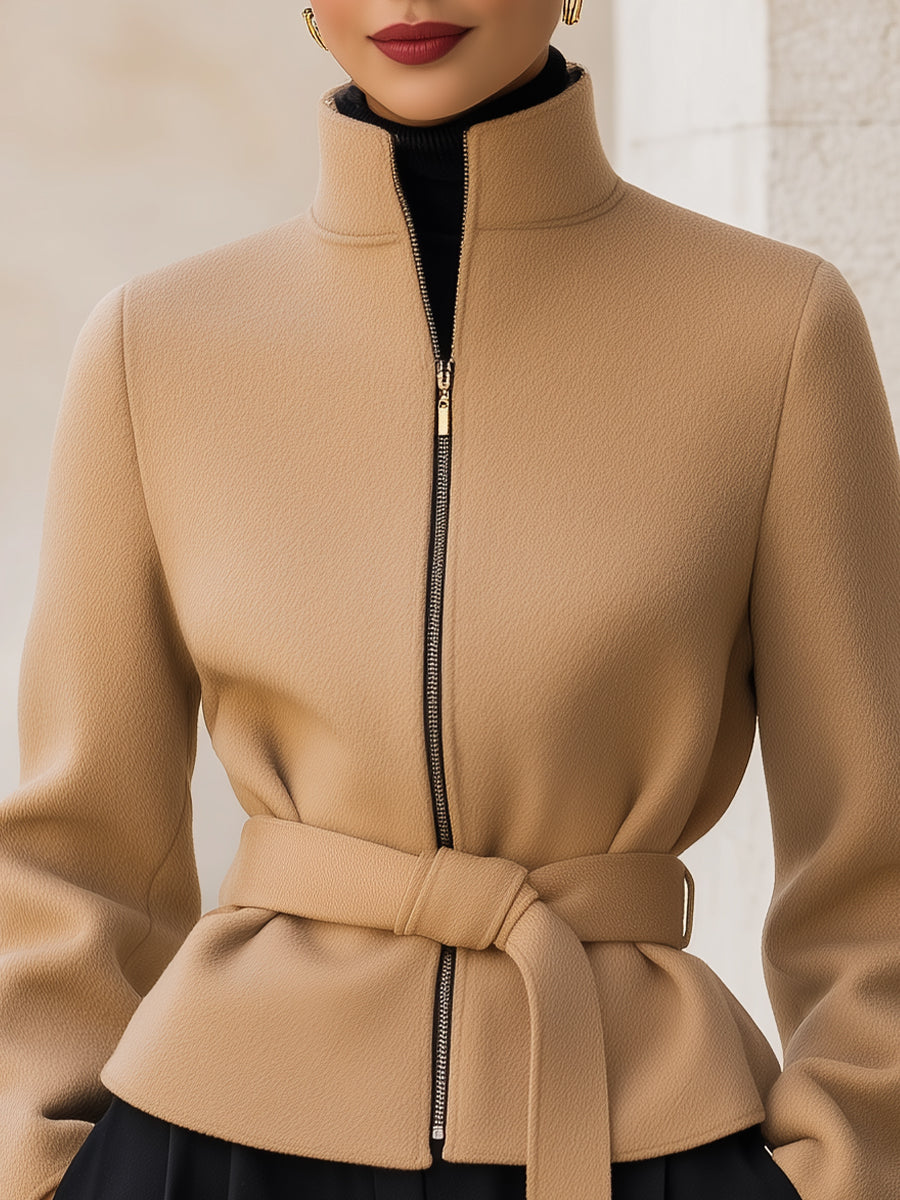 Wool-Blend Belted Zipper Jacket - Short Coat