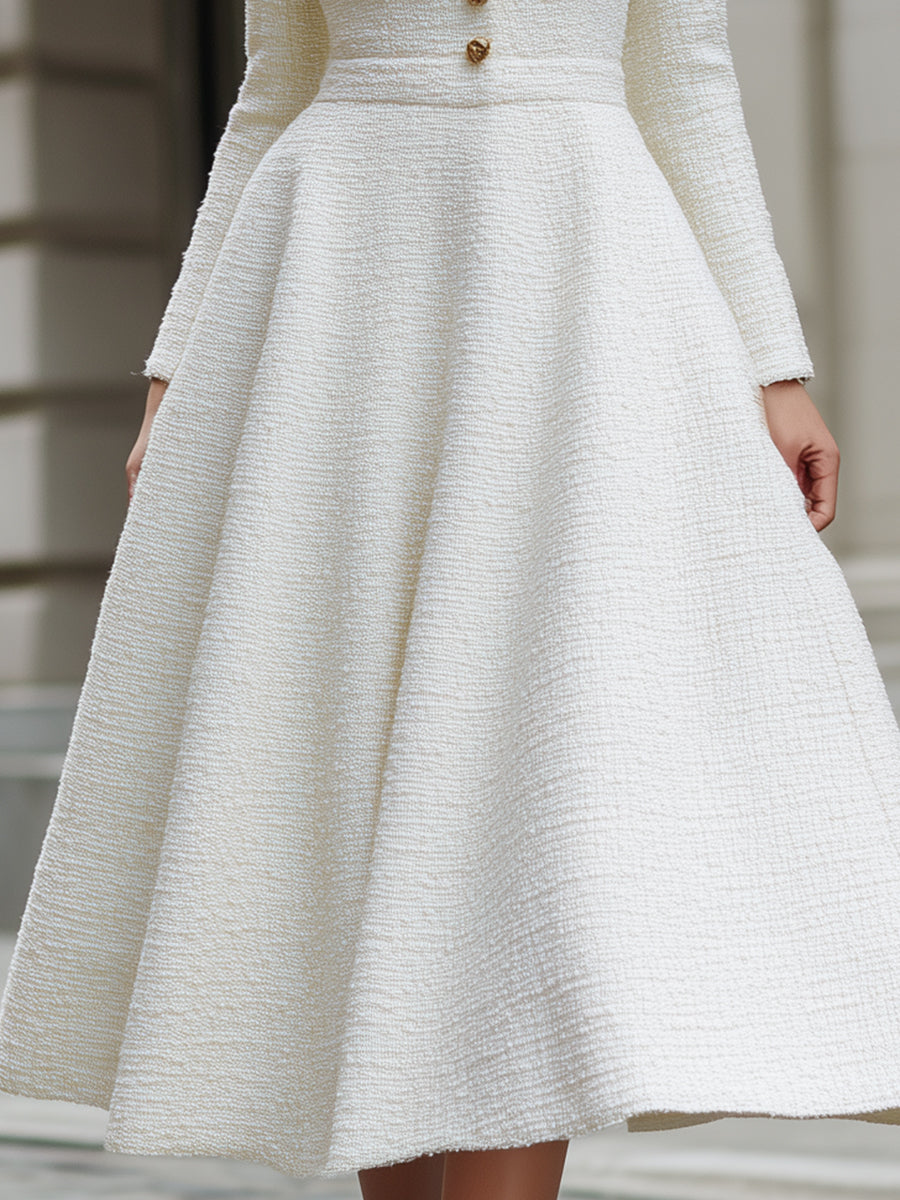 Ivory Tweed Square Neck Tailored Sleeveless - Midi Dress