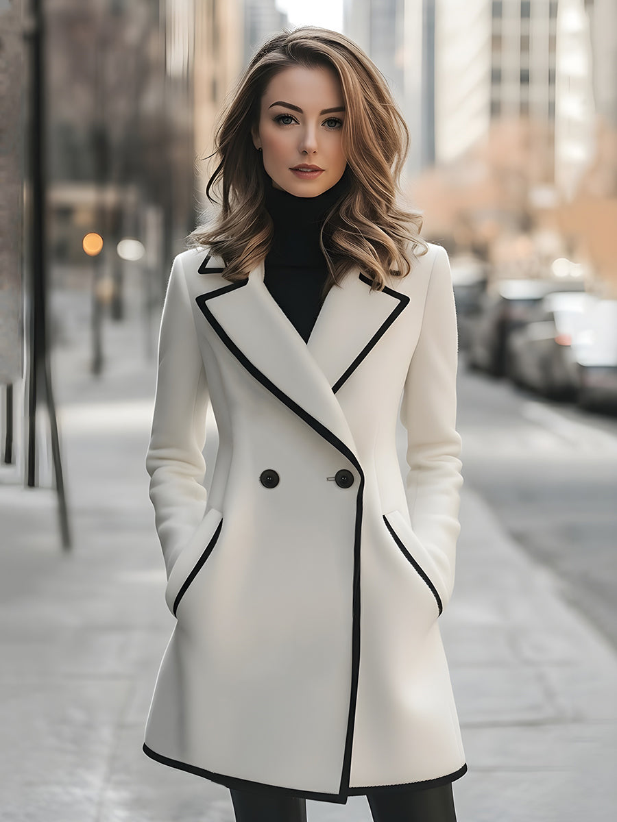 Elegant Double-Breasted Coat with Black Piping - Women's Coat