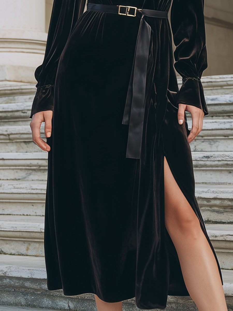 Black Velvet Belted Wrap - Midi Dress