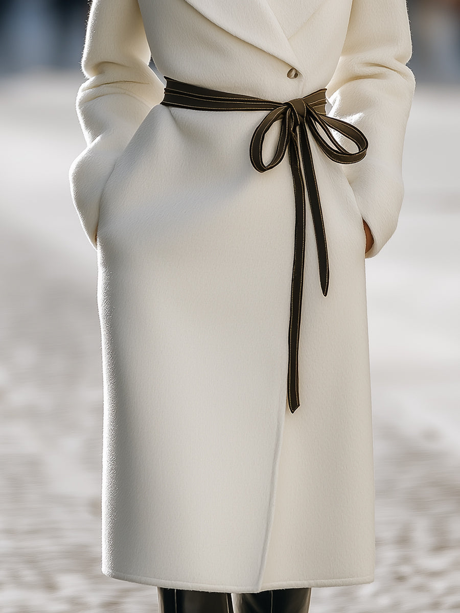 Ivory Wool-Blend Contrast Tie-Belt Longline - Coat
