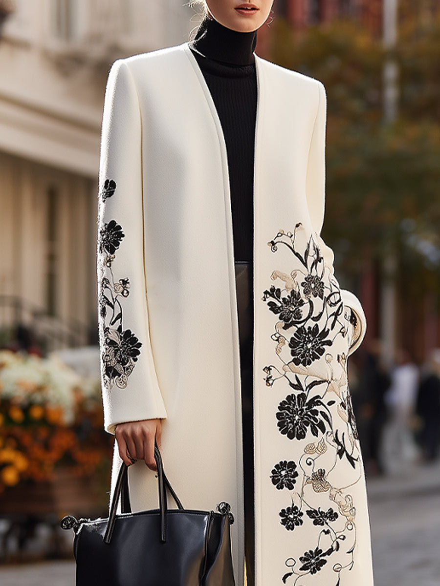 Ivory Floral-Embroidered Longline Coat - Longline Coat