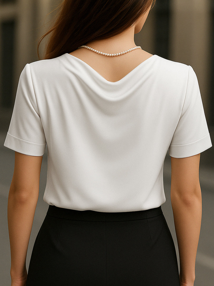Elegant Plain Draped Neck Short-Sleeve - Blouse