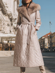 Cream Quilted Coat With Faux Fur Collar & Tie Belt - Women's Coat