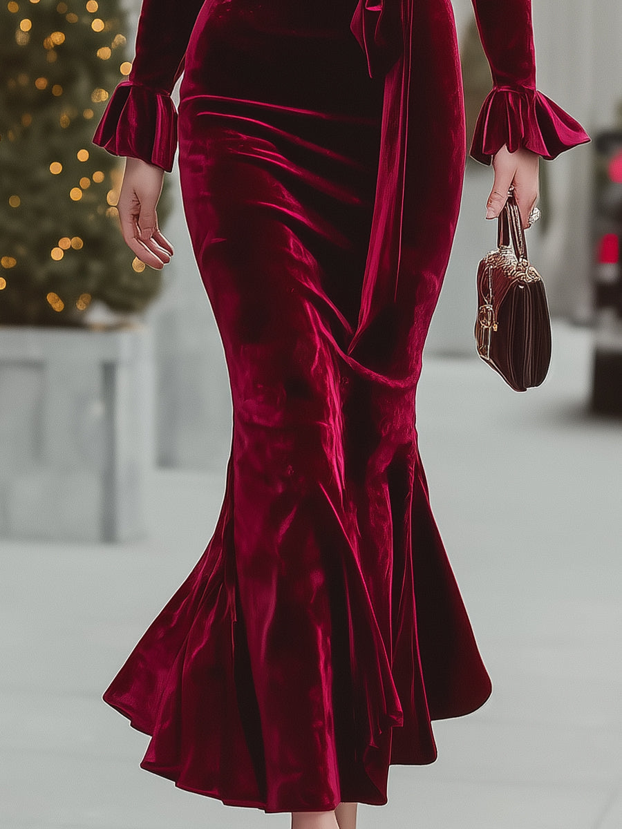 Luxury Wine Red Velvet Wrap Mermaid - Maxi Dress