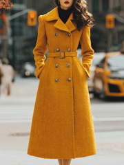 Mustard Double-Breasted Belted Coat-Style - Midi Dress