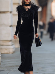 Glamorous Black Velvet Feather-Trim Evening Gown - Maxi Dress