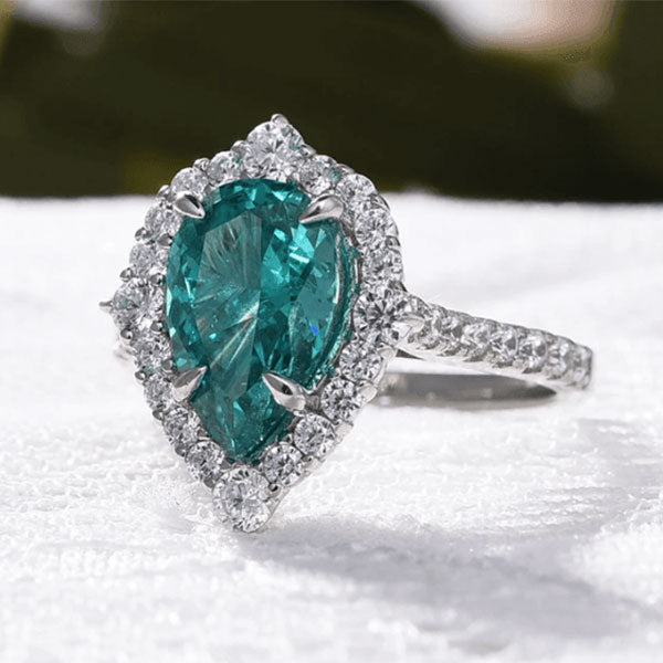 Paraiba Tourmaline Halo Pear Cut  Sterling Silver Engagement Ring Shineofdiamond