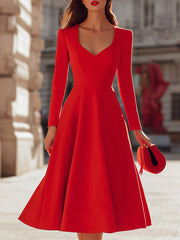 Elegant Red V-Neck Fit-and-Flare - Midi Dress