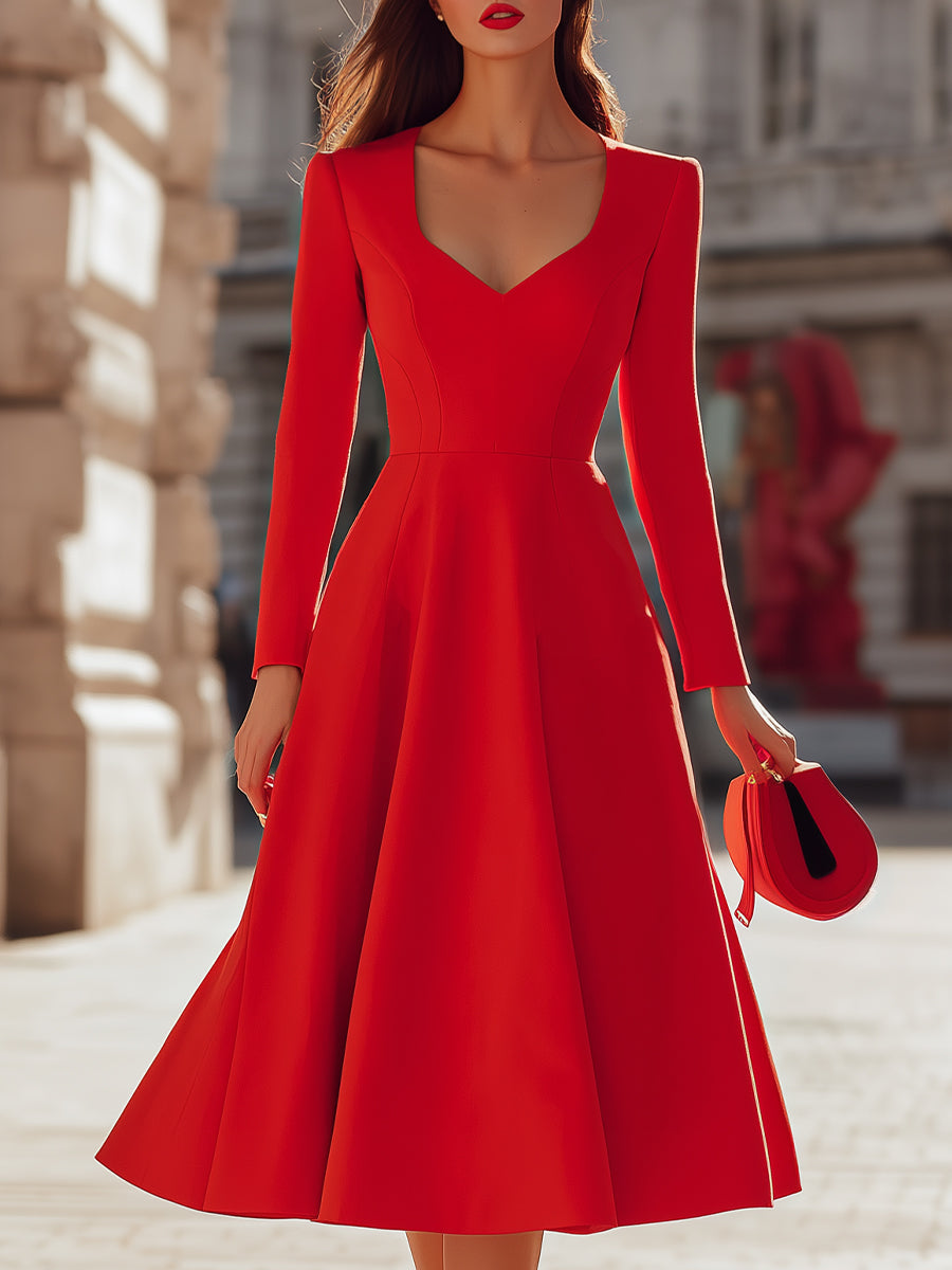 Elegant Red V-Neck Fit-and-Flare - Midi Dress