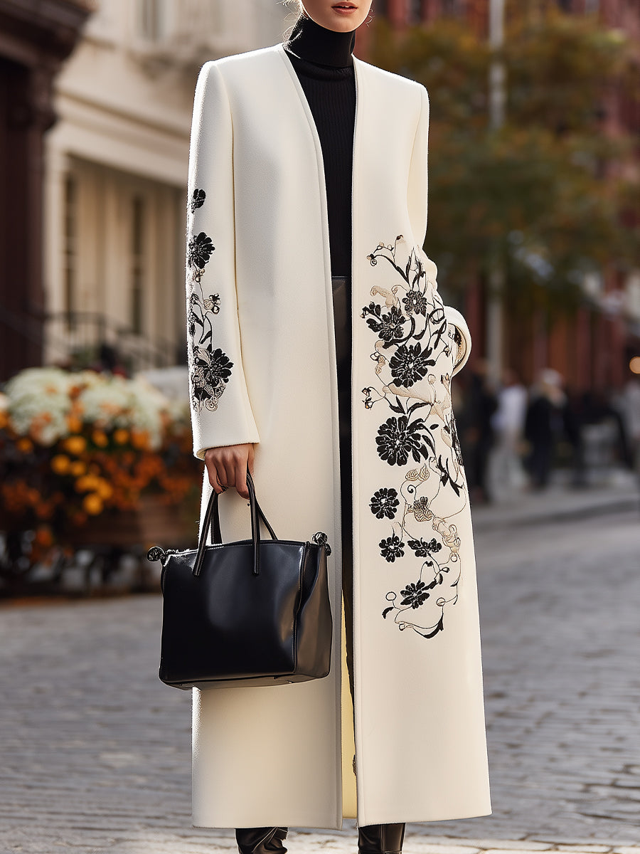 Ivory Floral-Embroidered Longline Coat - Longline Coat