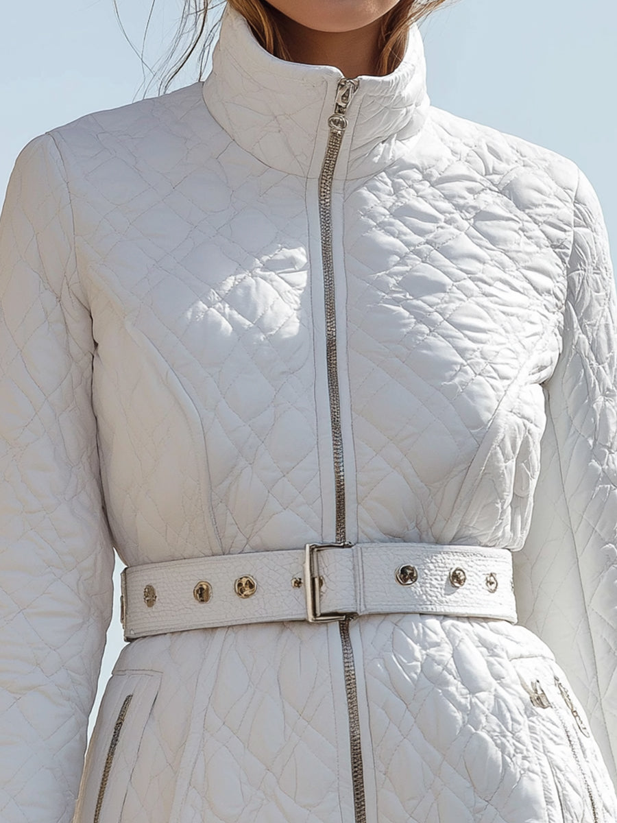 Women's White Quilted Belted High-Collar - Jacket