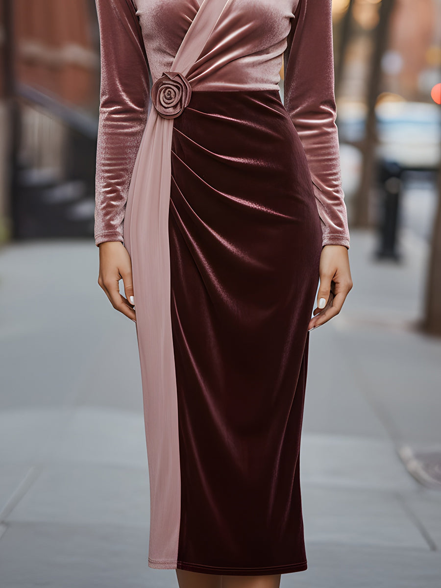 Floral Appliqué with Velvet Contrast - Midi Dress