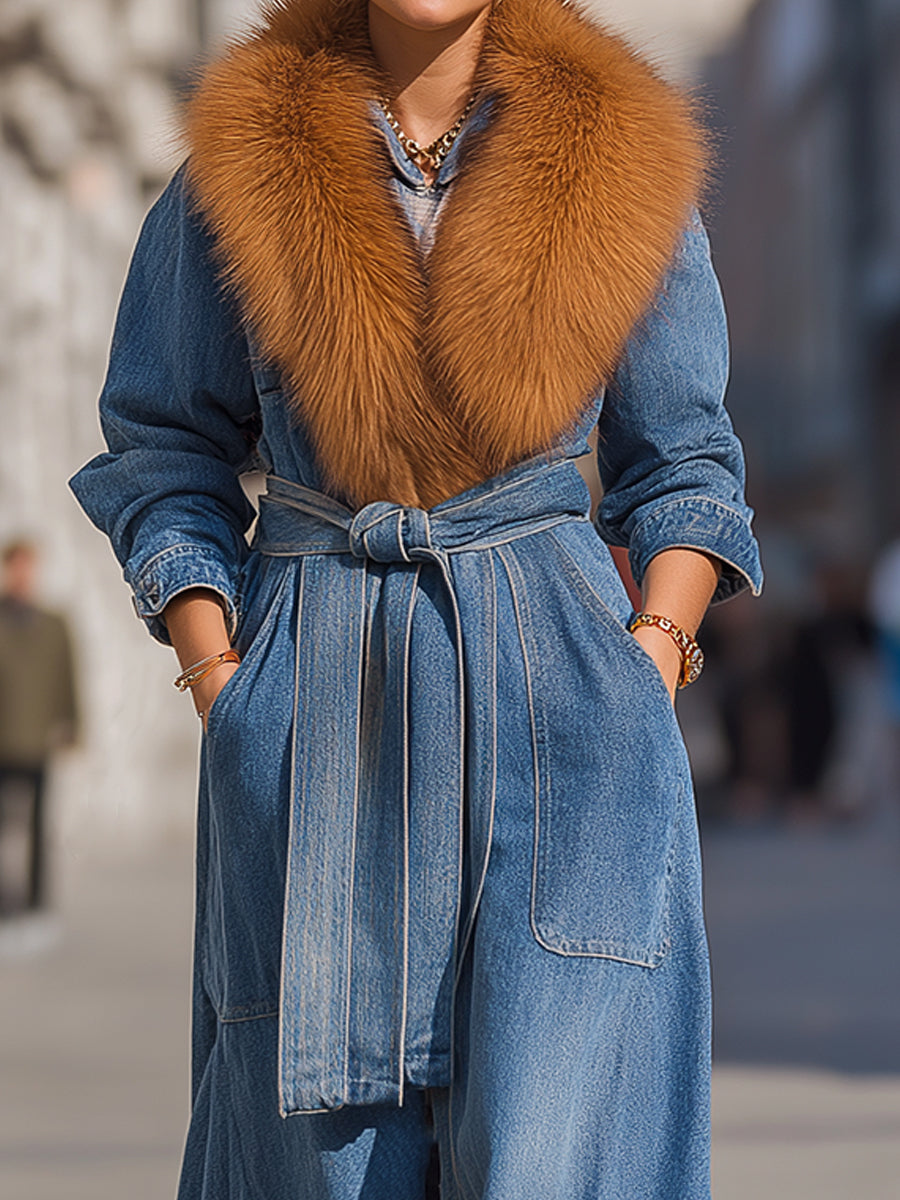 Belted Denim Maxi Coat With Faux Fur Collar - Maxi Coat