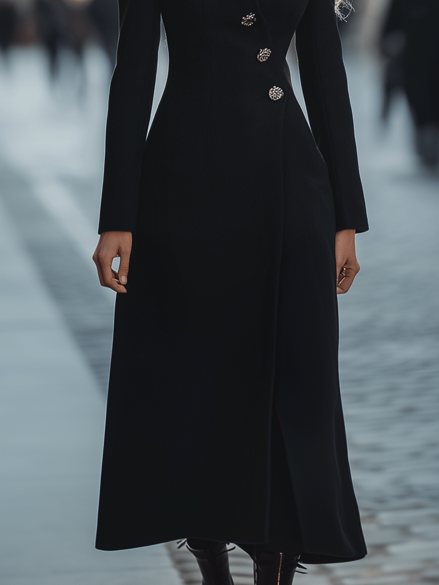 Black Longline Coat With Faux Fur Collar And Crystal Buttons - Coat