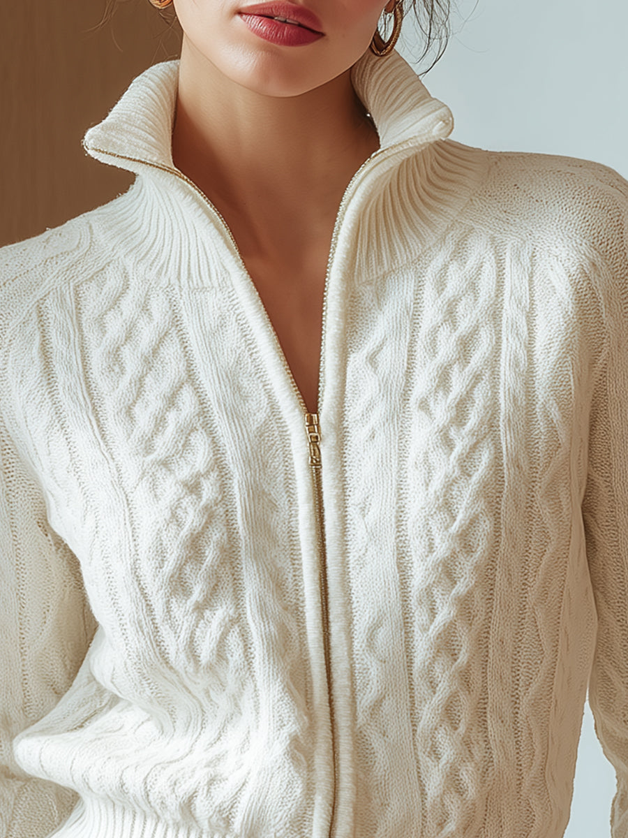 White Cable-Knit Zip Cardigan ZJ