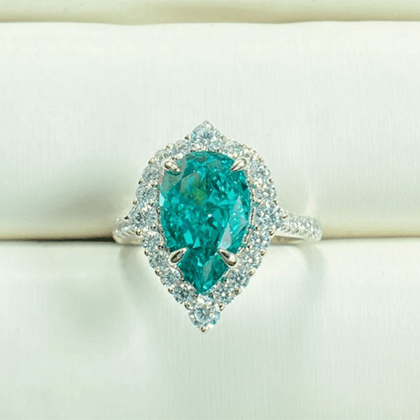 Paraiba Tourmaline Halo Pear Cut  Sterling Silver Engagement Ring Shineofdiamond