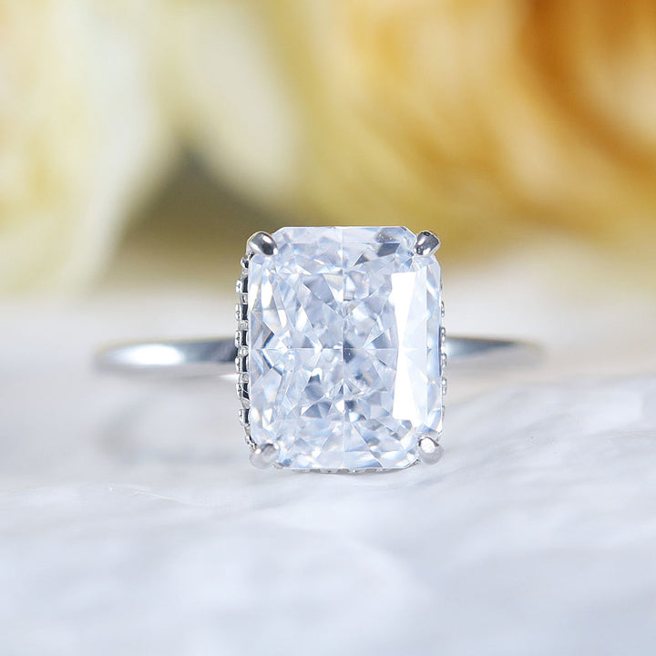 Stunning Hidden Halo Design Radiant Cut Sterling Silver Engagement Ring Shine of Diamond