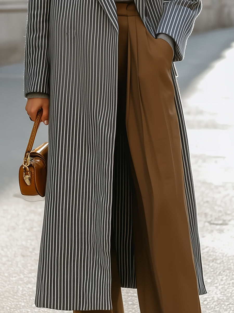 Chic Women's Striped Lapel Collar - Longline Coat