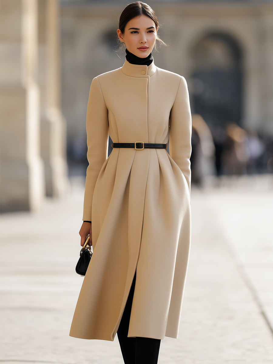 Elegant Beige Belted Tailored Trench - Midi Coat