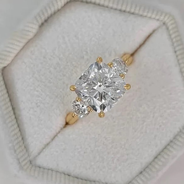Three Stone Golden Tone Cushion Cut Sterling Silver Engagement Ring Shineofdiamond