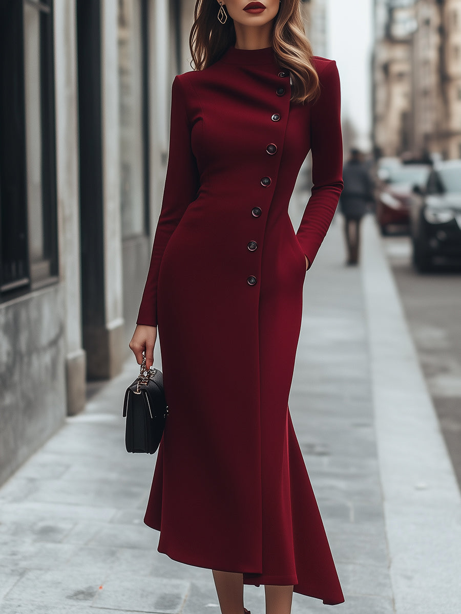 Burgundy Asymmetric Button-Front Long-Sleeve - Midi Dress