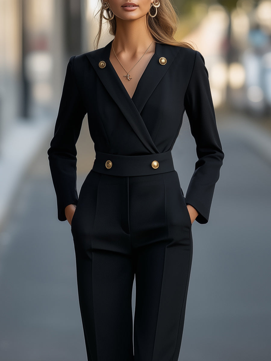 Tailored Gold-Button Detail, Waist-Defining - Jumpsuit