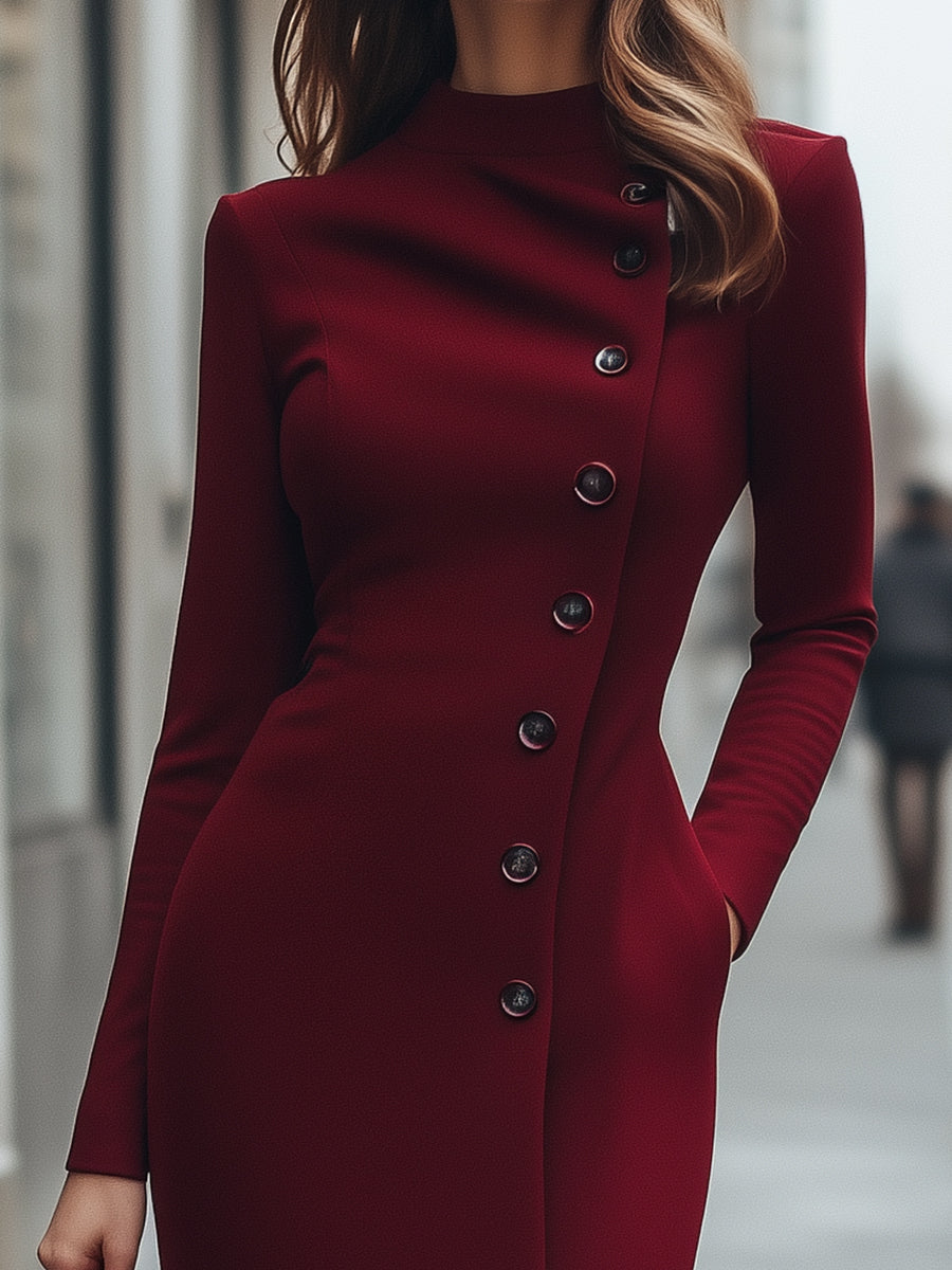 Burgundy Asymmetric Button-Front Long-Sleeve - Midi Dress