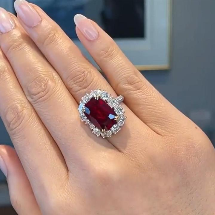 Sparkling Halo Ruby Cushion Cut Party & Engagement Ring Shineofdiamond