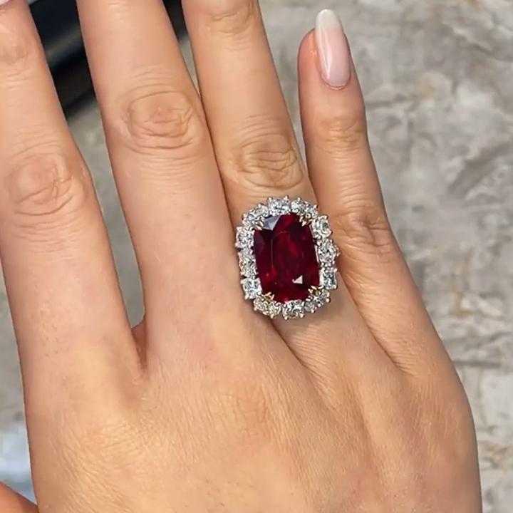 Sparkling Halo Ruby Cushion Cut Party & Engagement Ring Shineofdiamond
