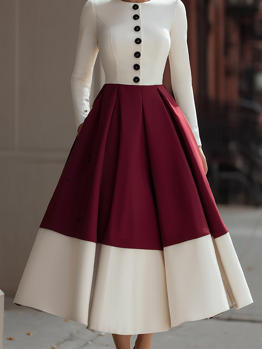 Ivory & Burgundy Colorblock Button-Front - Midi Dress