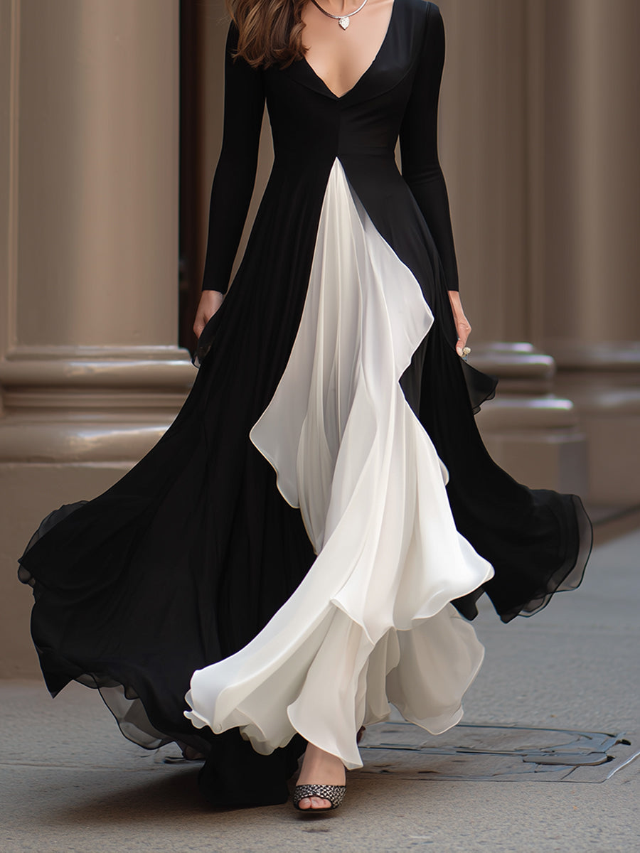 Monochrome Flowing Contrast-Panel Evening Gown - Maxi Dress