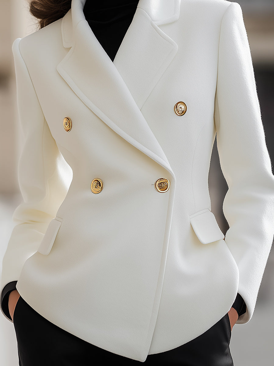 Tailored Wool-Blend Double-Breasted Gold-Button Blazer - Blazer