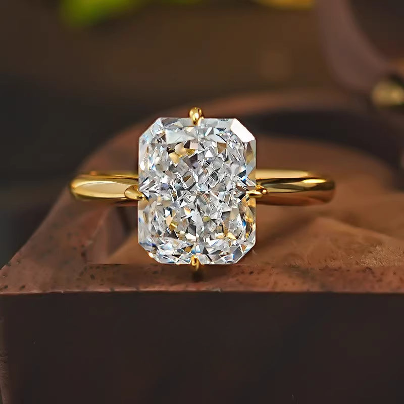 Radiant Cut Sterling Silver Solitaire Engagement Ring in Golden Tone shine of diamond