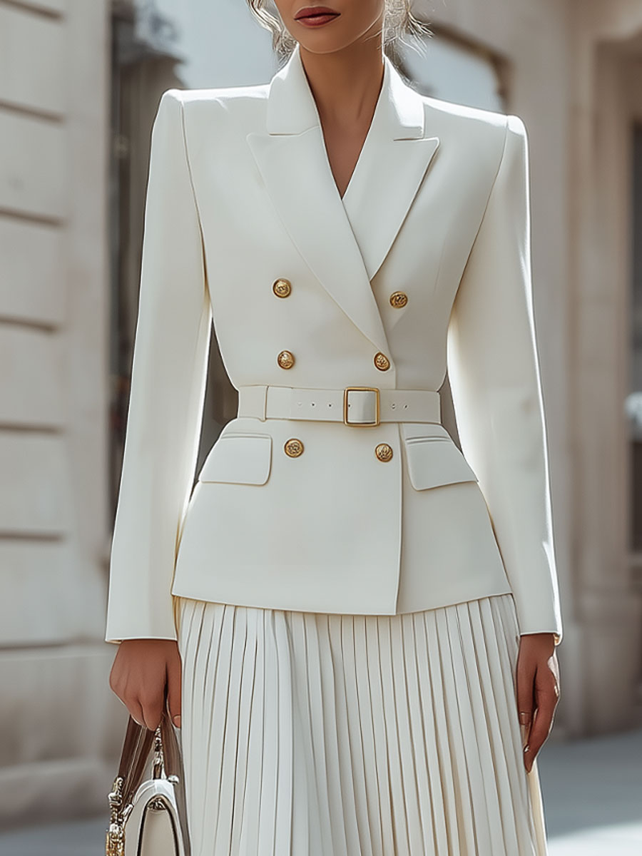 Ivory Double-Breasted Belted Blazer & Pleated Skirt Set SN