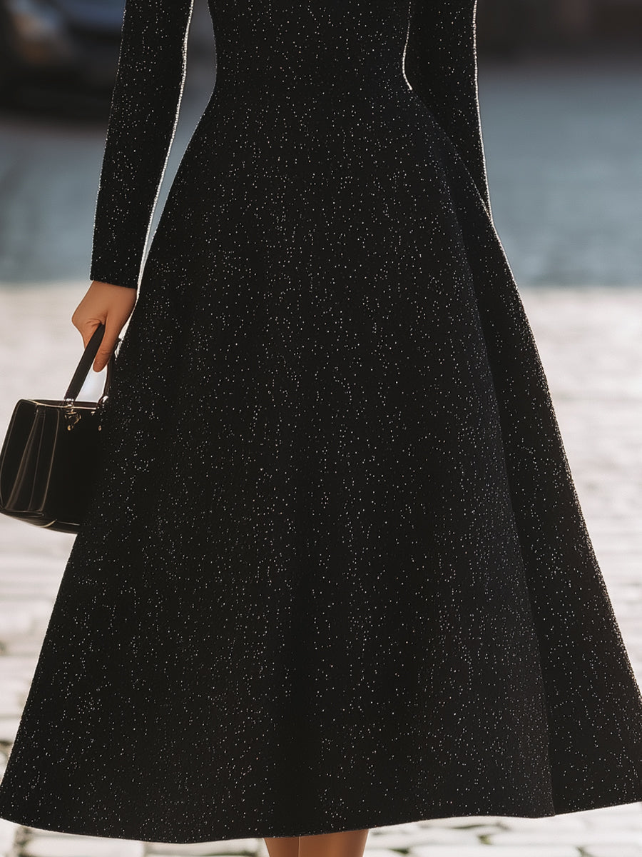 Glam Black Sequin V-Neck Evening - Midi Dress