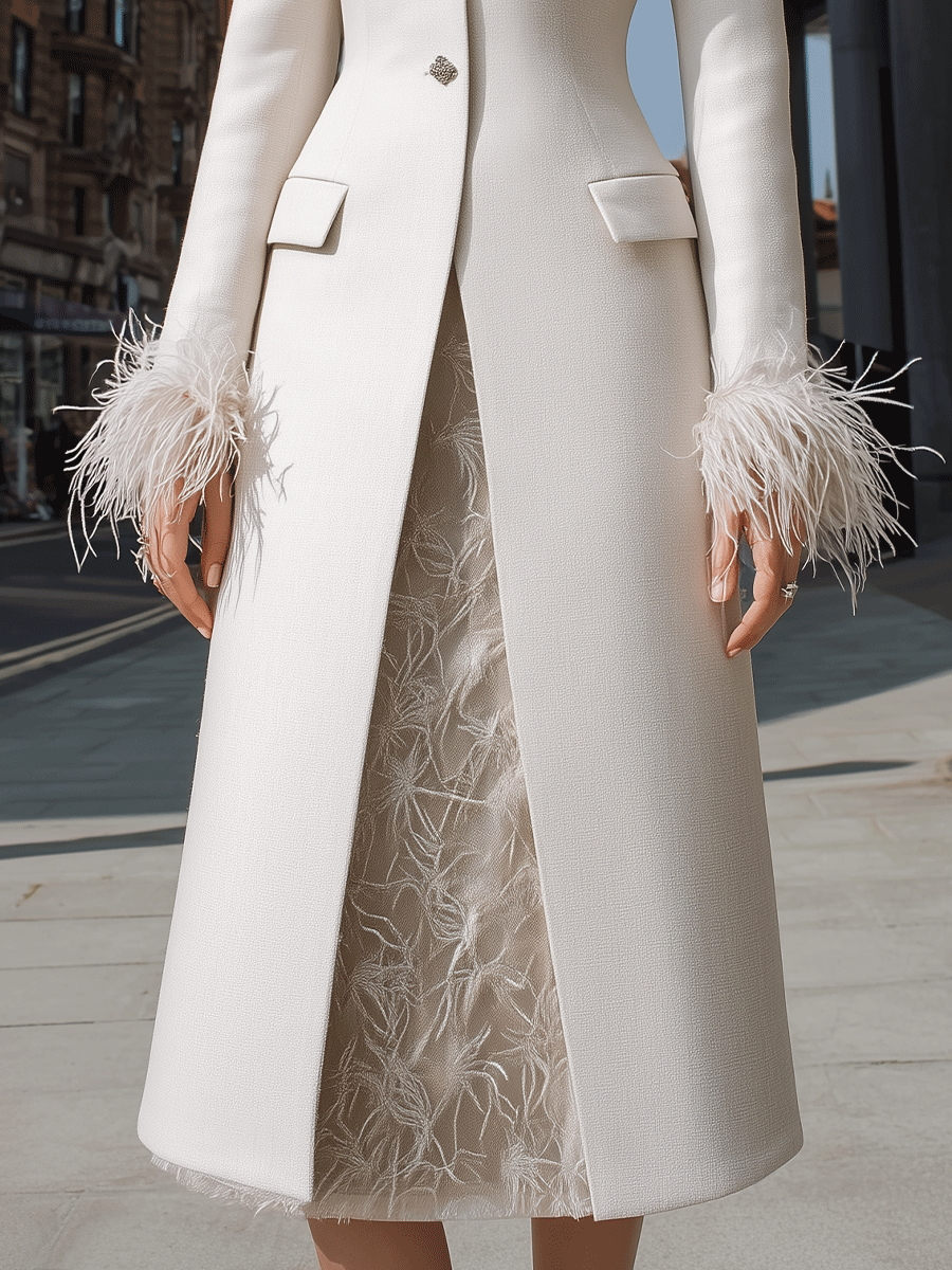 Ivory Feather-Cuff Embellished Longline Coat-Dress - Maxi Dress
