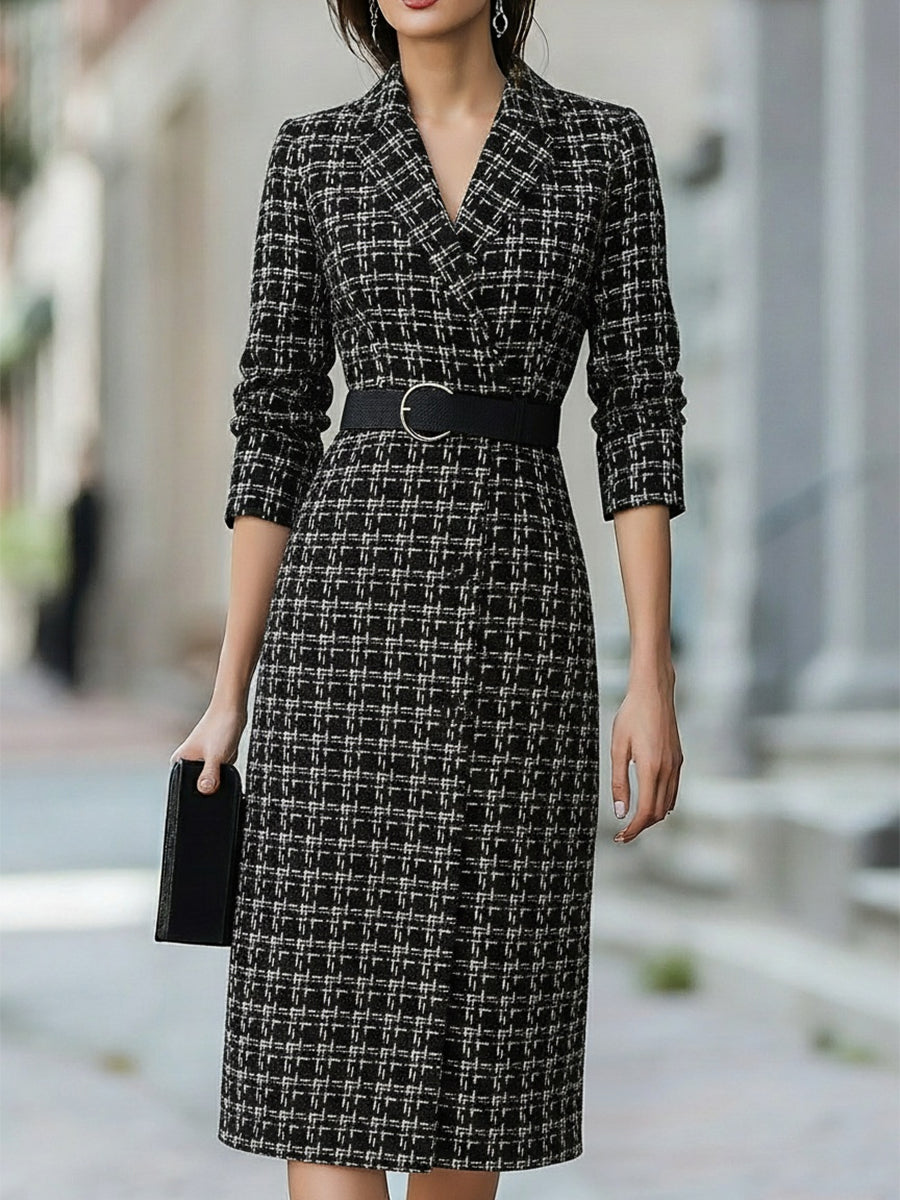 Plaid Tweed Belted Vintage Chic - Midi Dress