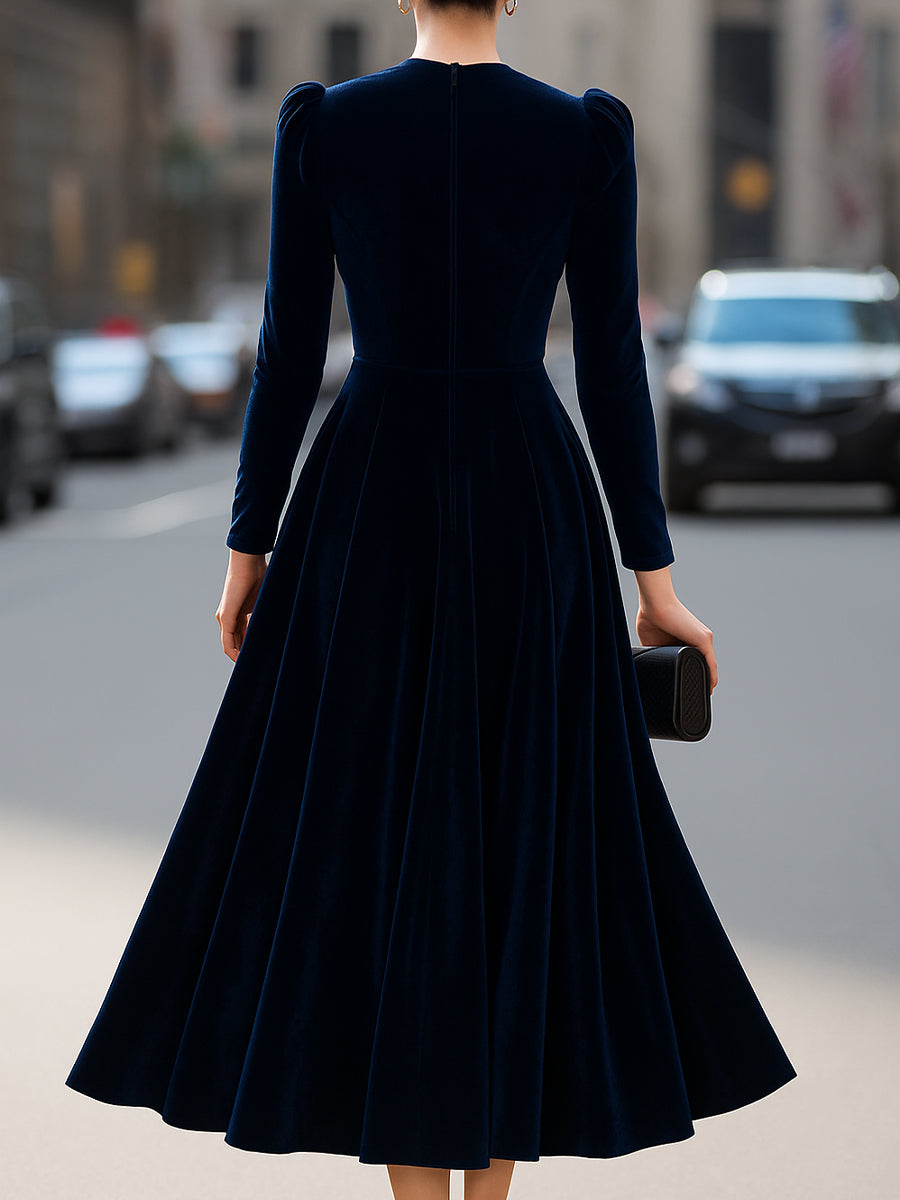 Navy Velvet Long-Sleeve Luxe - Midi Dress