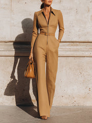 Sleek Tailored Zip-Front Camel - Jumpsuit