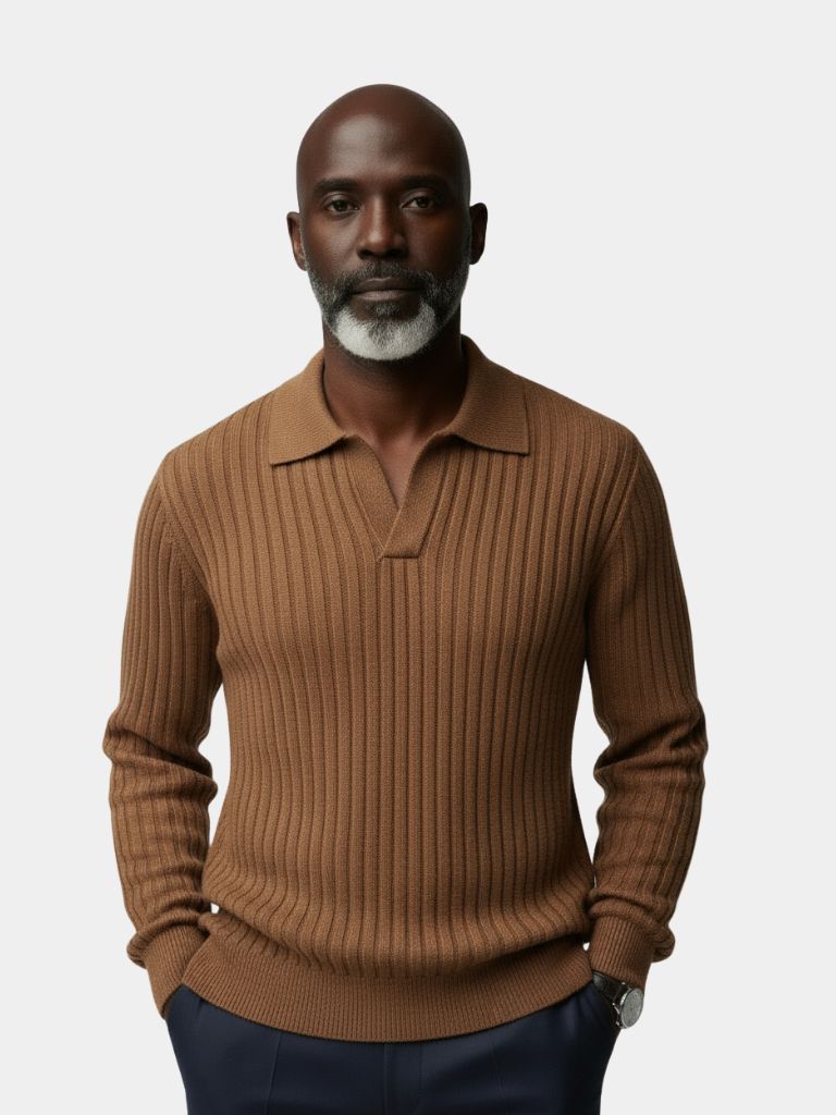 V-Neck Polo Sweater Ribbed - Casa  Laro CASA LARO