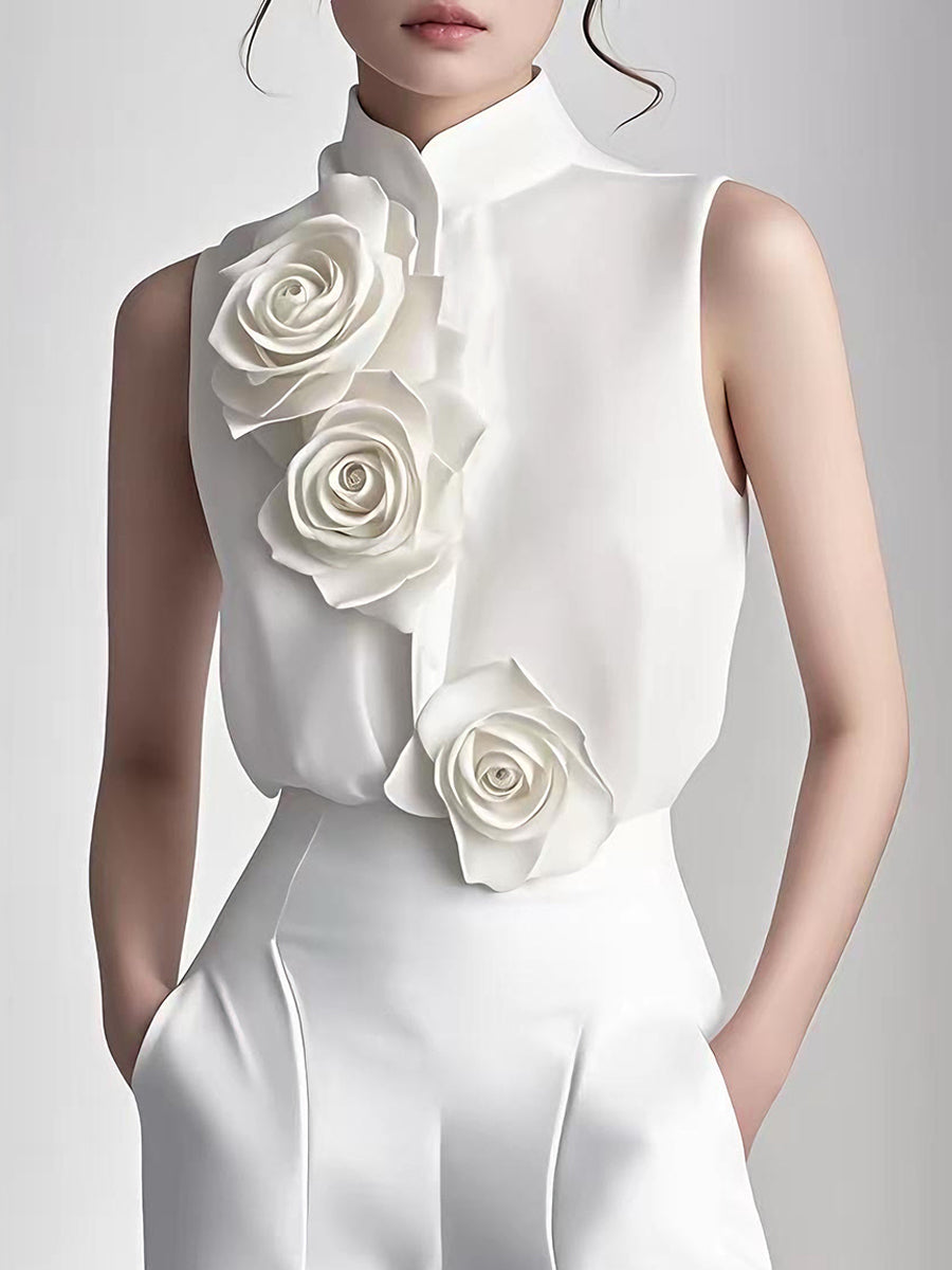 3D Rose Accent White Sleeveless Top - Blouse
