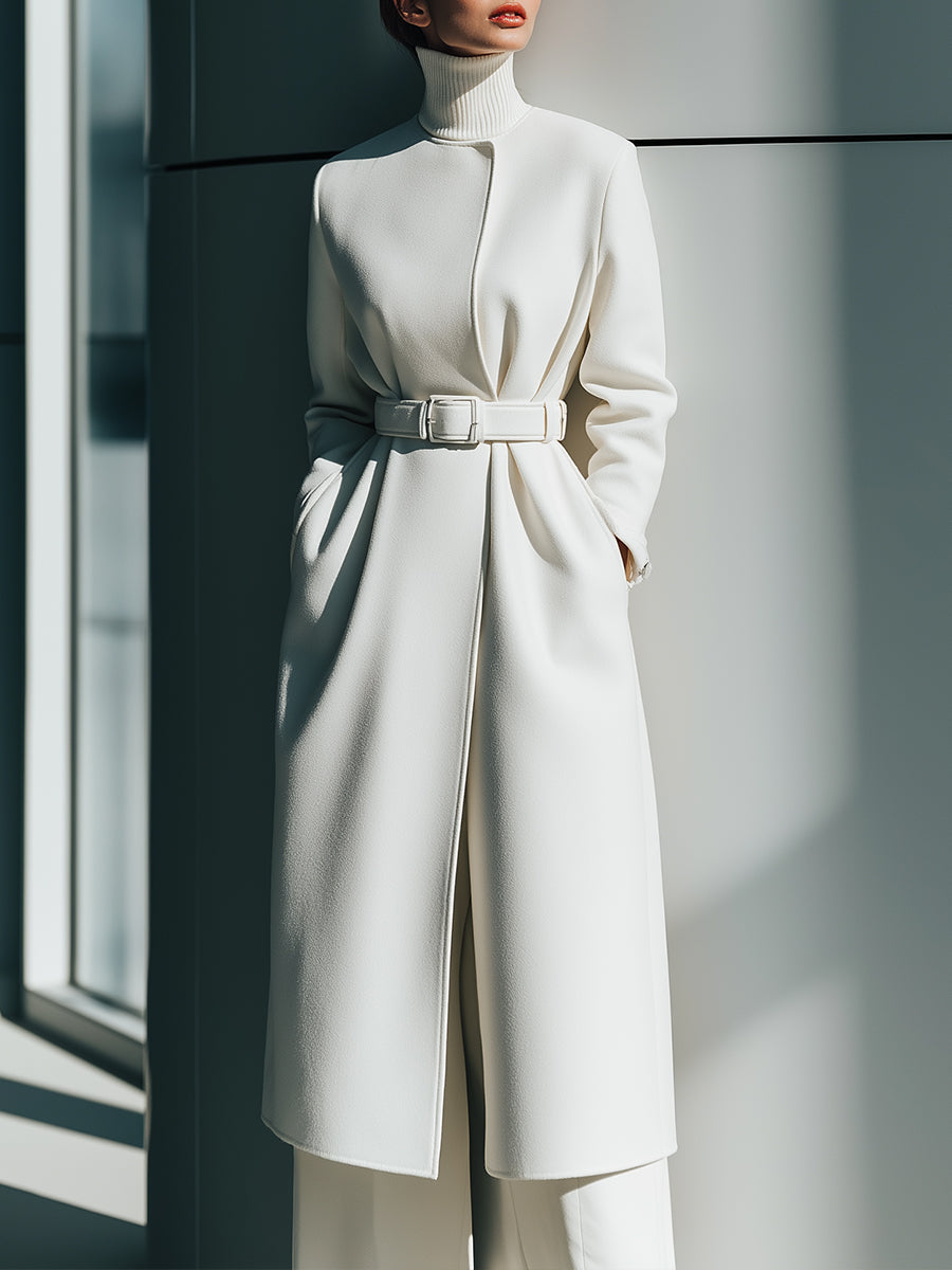 White Minimalist Belted Wool Overcoat - Coat