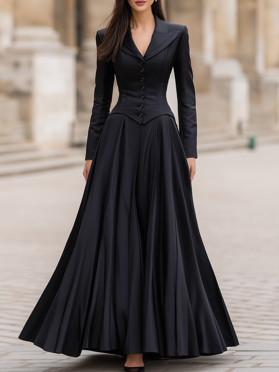 Elegant Tailored Waist Long-Sleeve Fitted Silhouette - Maxi Dress