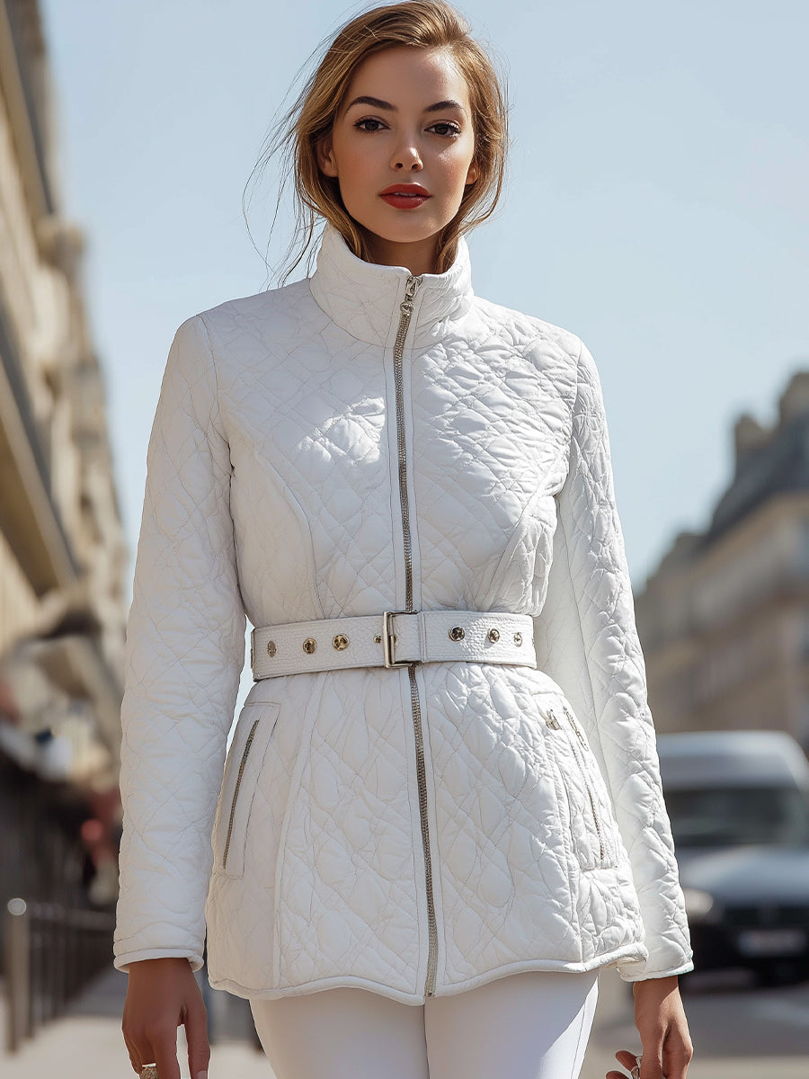 Women's White Quilted Belted High-Collar - Jacket