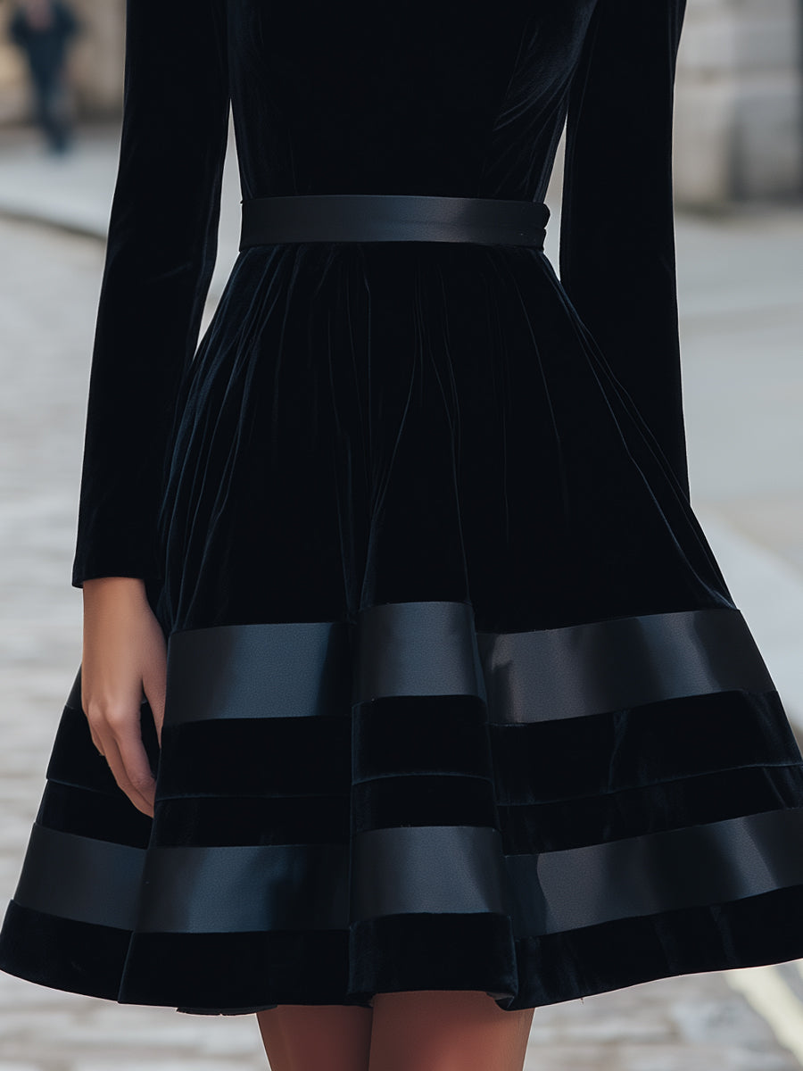 Black Velvet Satin-Striped Fit-and-Flare - Mini Dress